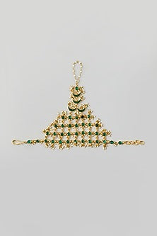 Gold Finish Green Kundan Polki Haathphool (Set Of 2)