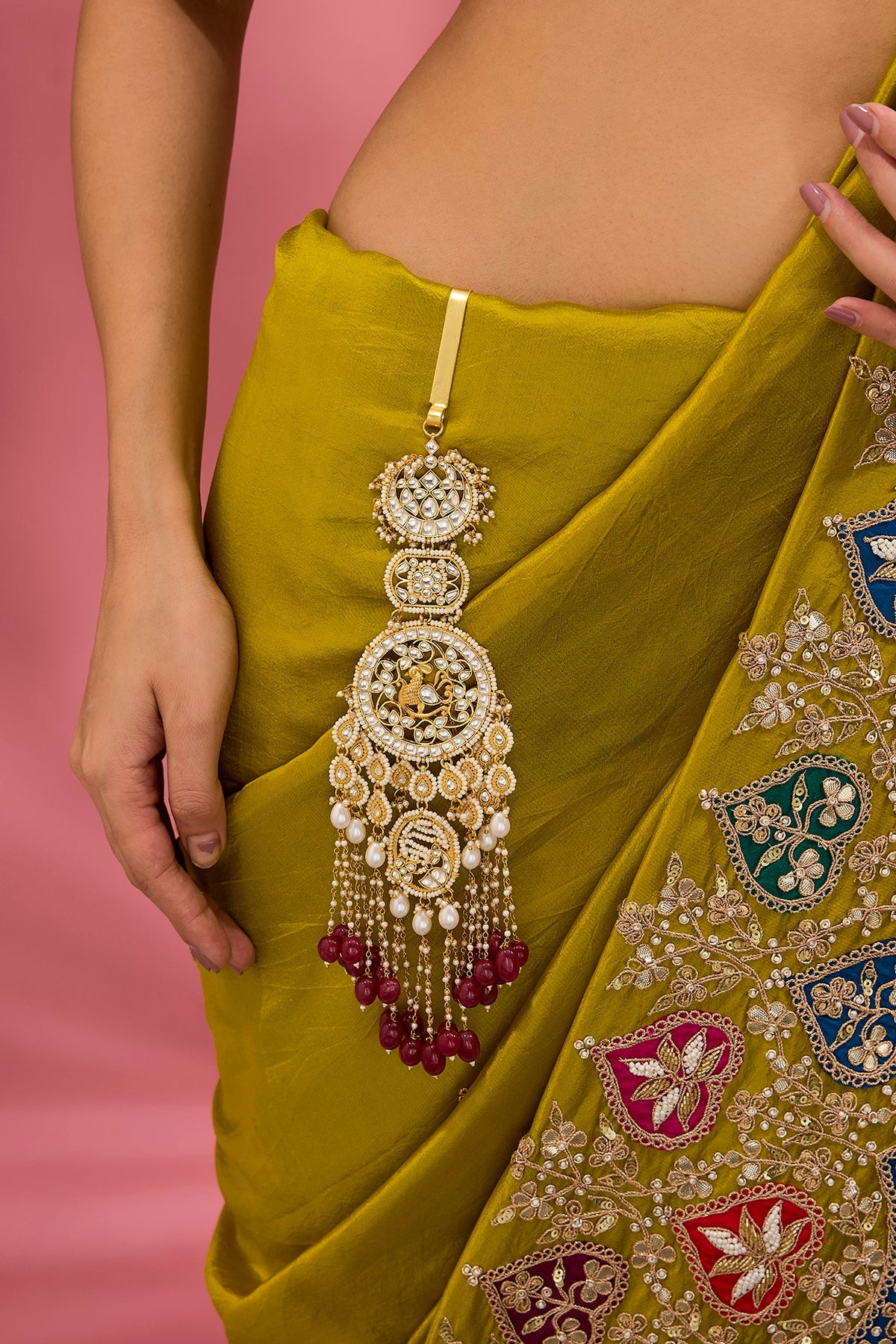 Gold Finish Kundan Polki & Red Stone Satka