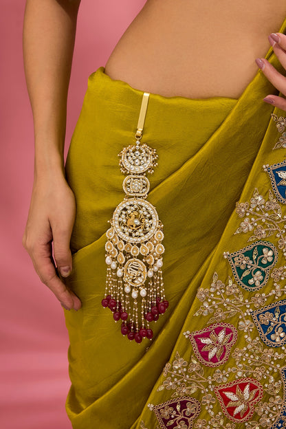 Gold Finish Kundan Polki & Red Stone Satka