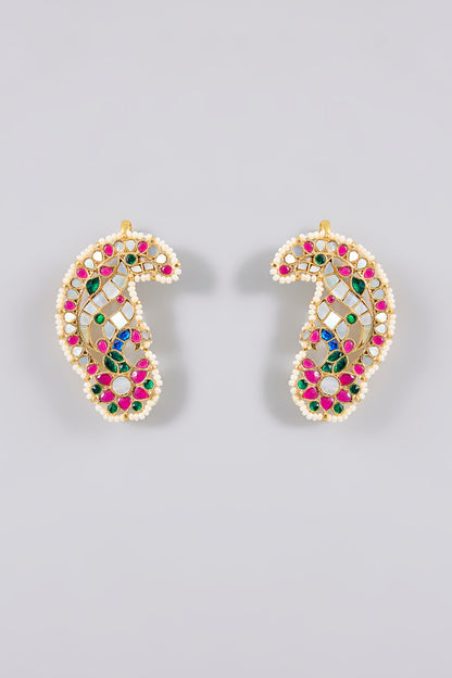Gold Finish Kundan Polki & Multi-Colored Stone Kaanphool Earrings