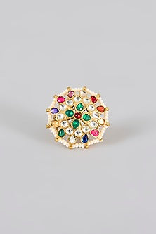 Gold Finish Kundan Polki & Navratna Stone Ring