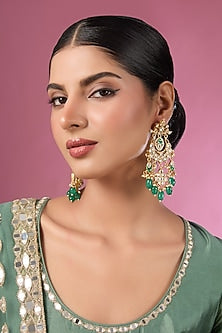 Gold Finish Kundan Polki & Green Stone Chandbali Earrings