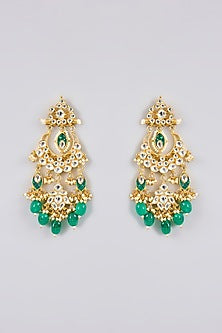 Gold Finish Kundan Polki & Green Stone Chandbali Earrings