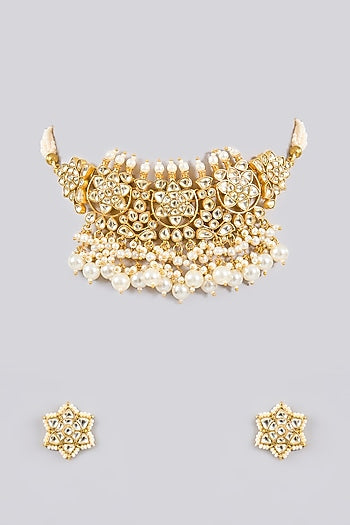 Gold Finish Kundan Polki Choker Necklace Set