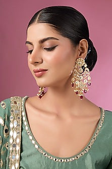Gold Finish Kundan Polki & Red Stone Chandbali Earrings