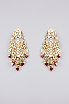 Gold Finish Kundan Polki & Red Stone Chandbali Earrings