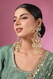 Gold Finish Kundan Polki & Multi-Colored Stone Chandbali Earrings
