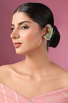 Gold Finish Kundan Polki & Green Stone Kaanphool Earrings