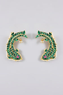 Gold Finish Kundan Polki & Green Stone Kaanphool Earrings