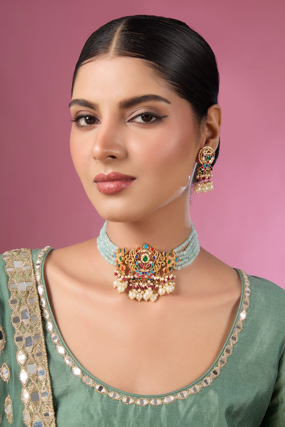 Gold Finish Kundan Polki Choker Necklace Set