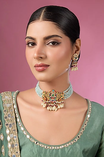 Gold Finish Kundan Polki Choker Necklace Set