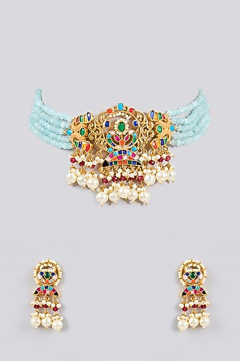 Gold Finish Kundan Polki Choker Necklace Set