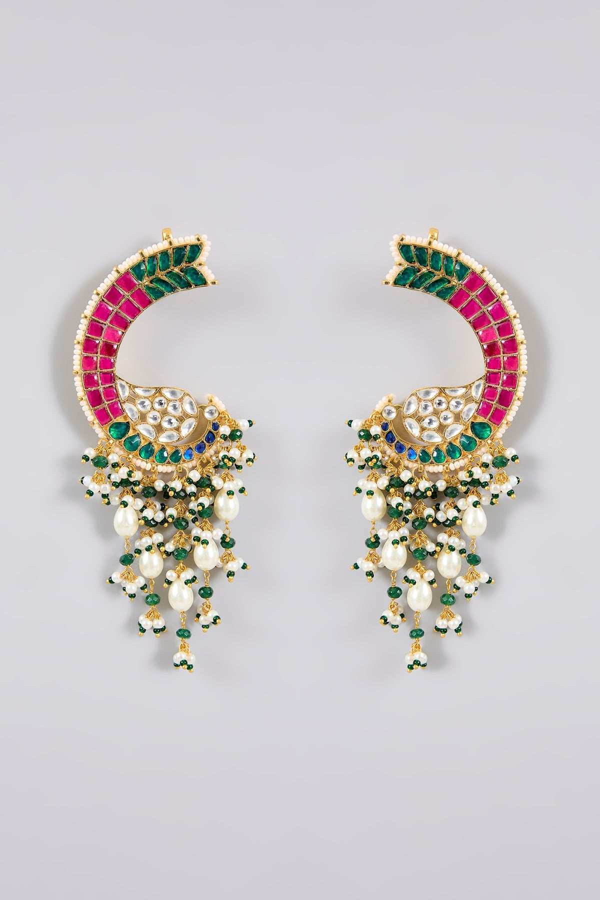 Gold Finish Kundan Polki & Multi-Colored Stone Kaanphool Earrings