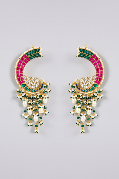 Gold Finish Kundan Polki & Multi-Colored Stone Kaanphool Earrings