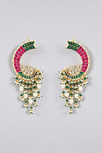 Gold Finish Kundan Polki & Multi-Colored Stone Kaanphool Earrings