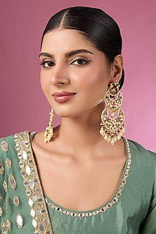 Gold Finish Kundan Polki & Multi-Colored Stone Chandbali Earrings