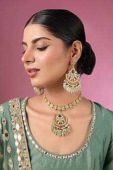 Gold Finish Kundan Polki & Turquoise Stone Long Necklace Set