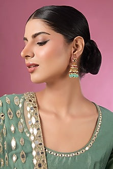 Gold Finish Kundan Polki & Red Stone Jhumka Earrings