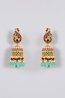 Gold Finish Kundan Polki & Red Stone Jhumka Earrings
