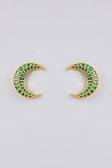 Gold Finish Kundan Polki & Green Stone Moon Stud Earrings