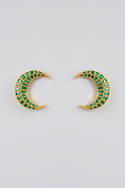 Gold Finish Kundan Polki & Green Stone Moon Stud Earrings