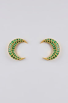 Gold Finish Kundan Polki & Green Stone Moon Stud Earrings