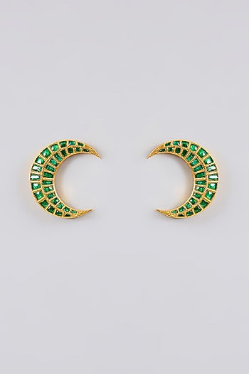 Gold Finish Kundan Polki & Green Stone Moon Stud Earrings