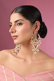 Gold Finish Kundan Polki & Multi-Colored Stone Chandbali Earrings