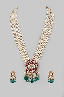 Gold Finish Pink-Gold Kundan Polki Long Necklace Set