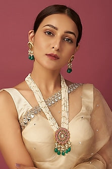 Gold Finish Pink-Gold Kundan Polki Long Necklace Set