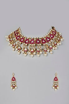 Gold Finish Pink-Gold Kundan Polki Necklace Set
