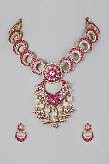 Gold Finish Kundan Polki Long Necklace Set In Copper