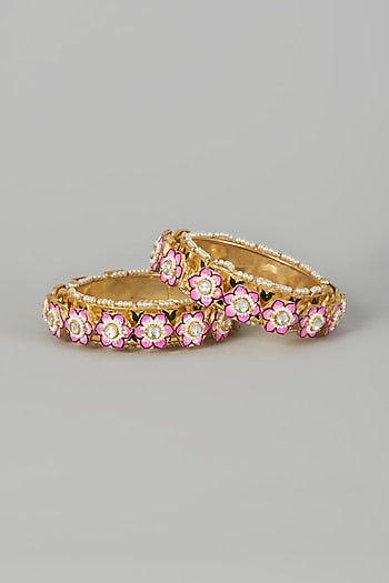 Gold Finish Bangles With Kundan Polki (Set of 2)