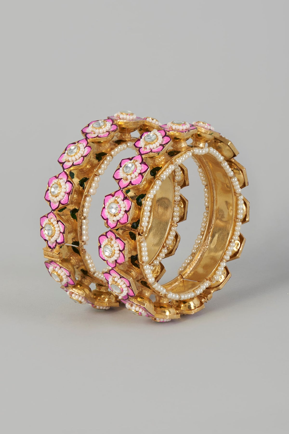Gold Finish Bangles With Kundan Polki (Set of 2)