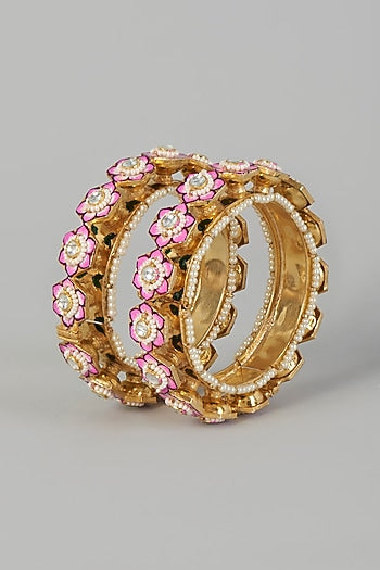 Gold Finish Bangles With Kundan Polki (Set of 2)