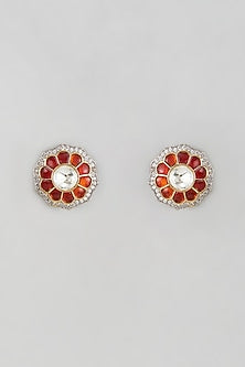Gold Finish Red Kundan Polki Stud Earrings