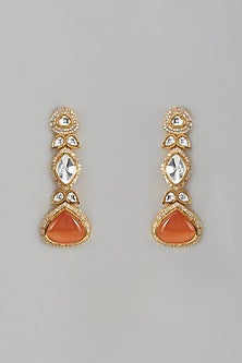 Gold Finish Orange Kundan Polki Dangler Earrings