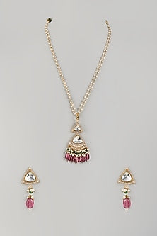Gold Finish Pink Kundan Polki Long Necklace Set