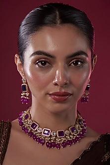Gold Finish Purple Kundan Polki Choker Necklace Set