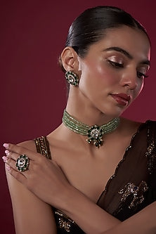 White Finish Green Kundan Polki Necklace Set