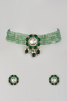 White Finish Green Kundan Polki Necklace Set