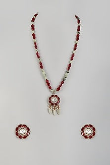 White Finish Red Kundan Polki Long Necklace Set