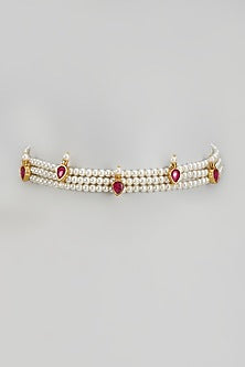 Gold Finish Red Kundan Polki & Pearl Choker Necklace