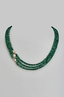 Gold Finish Kundan Polki & Green Beaded Mala