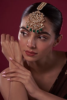 Gold Finish Kundan Polki & Green Drop Maangtikka