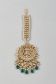 Gold Finish Kundan Polki & Green Drop Maangtikka