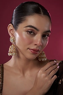 Gold Finish Kundan Polki & Pearl Drop Jhumka Earrings