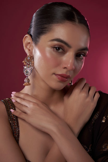 Gold Finish Orange Kundan Polki Chandbali Earrings