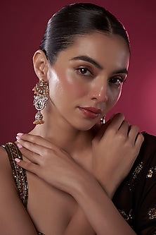 Gold Finish Orange Kundan Polki Chandbali Earrings