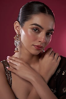 Gold Finish Orange Kundan Polki Chandbali Earrings